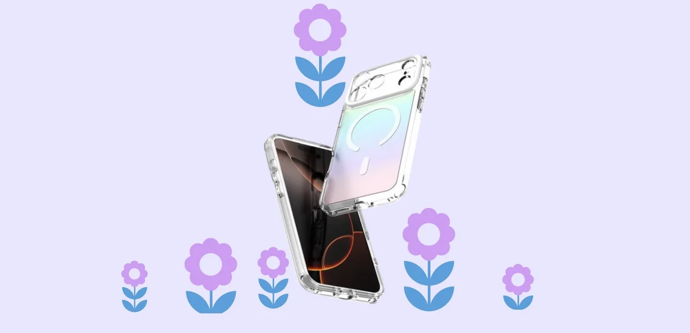 A clear Avana phone case with MagSafe charging angled front screen & back on a lavender background surrounded by purple flowers.