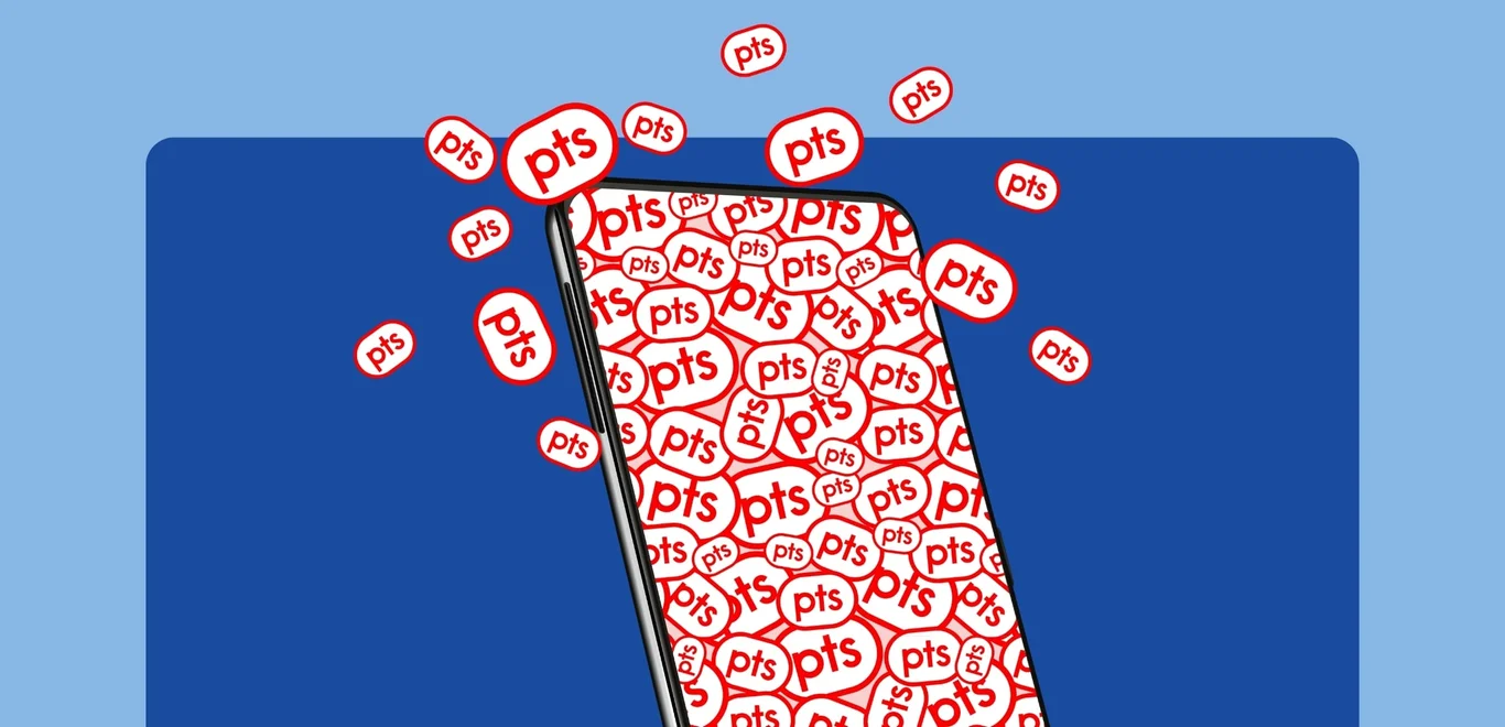 A blank phone screen bursting with red PC Optimum points pucks against a medium blue rectangle on a lighter blue background.